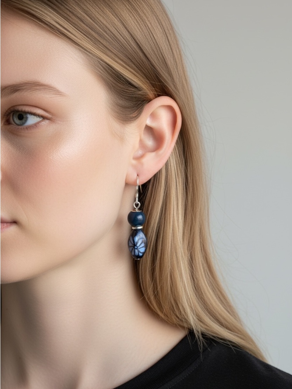 9/9 Handcrafted Navy Blue Floral Drop Earrings - Women Jewelry